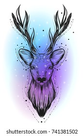 Bohemian illustration with hand drawn deer and bokeh. Can be used as christmas card, yoga mat print, phone case.