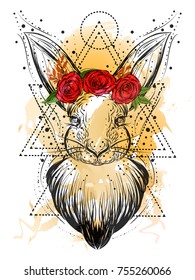 Bohemian illustration with hand drawn white rabbit at watercolor background. Vintage, boho, gypsy style.