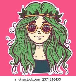 Bohemian illustration of a hippie girl with green hair and sunglasses. Funky psychedelic woman face wearing leaves on her hair