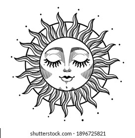 Bohemian illustration, stylized vintage design, sun with face and closed eyes, stylized drawing, tarot card. Mystical element for design, logo, tattoo. Vector illustration isolated on white background