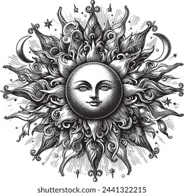 Bohemian illustration, stylized vintage design, sun with face ,stylized drawing, tarot card. Mystical element for design, logo, tattoo. Vector illustration isolated on white background