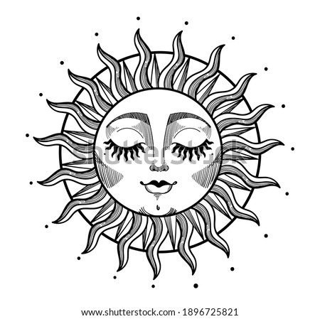 Bohemian illustration, stylized vintage design, sun with face and closed eyes, stylized drawing, tarot card. Mystical element for design, logo, tattoo. Vector illustration isolated on white background
