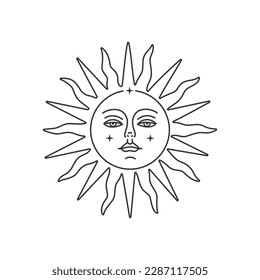 Bohemian illustration sun with face. Mystical element for logo design, tattoo, tarot card. Vector illustration