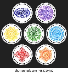 Bohemian Indian chakra Mandalas. Vintage Henna tattoo style Indian medallion.  