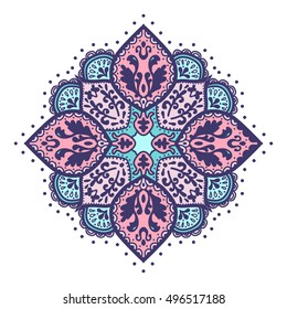 Bohemian Indian Mandala print. Vintage Henna tattoo style Indian medallion. Ethnic ornament could be used as shirt print, phone case print, textile, coloring book. Christmas holiday snowflake