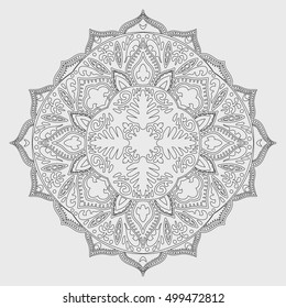 Bohemian Indian Mandala print. Vintage Henna tattoo style Indian medallion. Ethnic ornament could be used as shirt print, phone case print, textile, coloring book. Christmas holiday snowflake