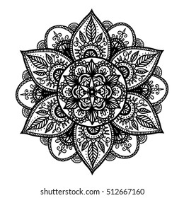 Bohemian Indian Mandala print. Vintage Henna tattoo style Indian medallion. Ethnic ornament could be used as shirt print, phone case print, textile, coloring book. Christmas holiday snowflake