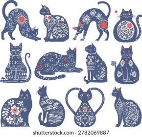 Bohemian indigo blue cat vector illustrations set. Mystical folk art style kittens with intricate white floral ornaments, sun, and wave details. Ornate traditional collection of domestic pets for linocut aesthetics, textile design, ceramic prints, and stationery. Isolated elements on white background.