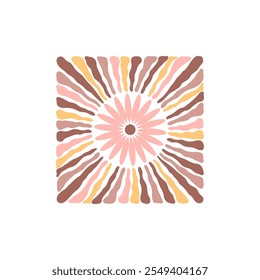 Bohemian inspired floral motif with a central flower radiating symmetrical petals in soft peach tones.