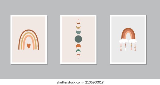 Bohemian kids poster collection. Child wall art. Boho rainbow and moon phases. Trendy decoration. Mid century design. Vector stock illustration