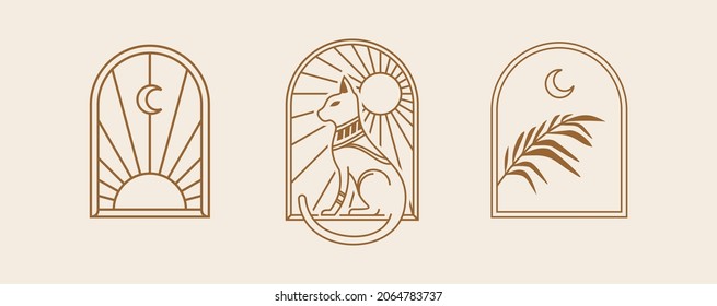 Bohemian line logo art. Icon and symbols with Cat, sun and moon. arch window design geometric abstract design elements for decoration vector Illustration