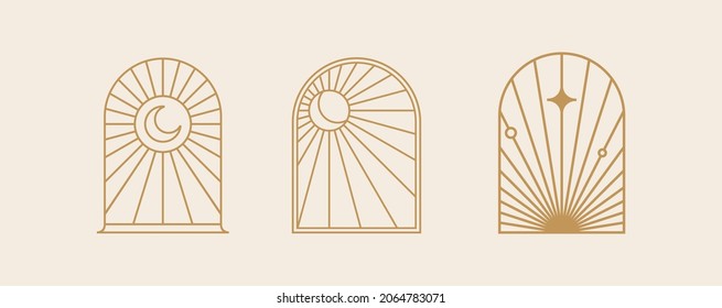 Bohemian line logo art, icons and symbols, sun and moon, arch window design geometric abstract design elements for decoration.