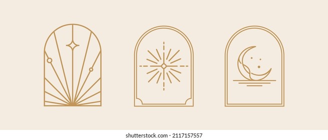 Bohemian line logo art, icons and symbols, sun and moon, arch window design geometric abstract design elements for decoration.