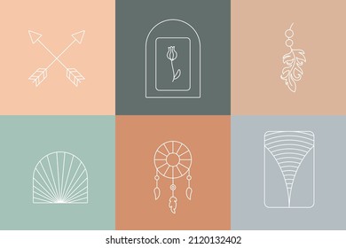Bohemian line logos collection. Emblem design. Feather and dreamcatcher. Boho signs. Mid century style. Elegant badge for company branding. Editable stroke. Vector stock illustration
