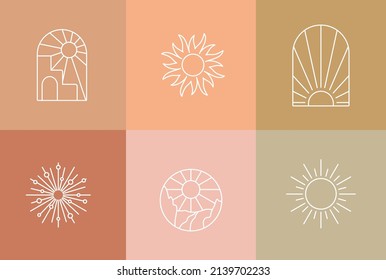 Böhmische Logos-Kollektion. Sonne und Sonnenuntergang. Emblem-Design. Landschaft und Sonnenaufgang. Boho Schilder. Eleganter Button für das Branding. Bearbeitbarer Strich. Vektorgrafik