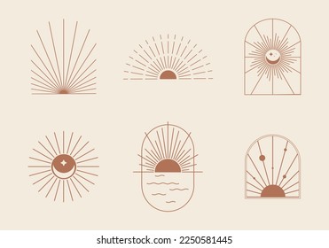 Bohemian linear hand drawn logos, icons and symbols. Sun, moon, water, arc, window design templates. Boho abstract geometry design elements for logo, icons textile design.