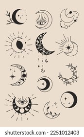Bohemian linear hand drawn logos, icons and symbols, vector brand templates. Moon, evil eye, botanical isolated elements. Boho abstract geometry design elements for logo, icons textile design.
