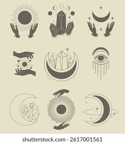 Bohemian linear logo icon set. Line art healing crystal and moon concept of esoteric elements