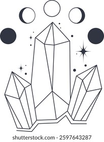 Bohemian linear logo icon and symbol. Line art healing crystal and moon concept of esoteric elements