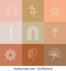 Bohemian linear logos collection. Rainbow and sun. Floral emblem set. Lavender and monstera design. Boho signs. Elegant badges for company branding. Editable stroke. Vector stock illustration