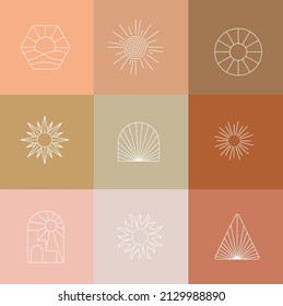 Bohemian linear logos collection. Sun and landscape. Emblem design. Sunset and sunrise. Boho signs. Elegant badge for company branding. Editable stroke. Vector stock illustration