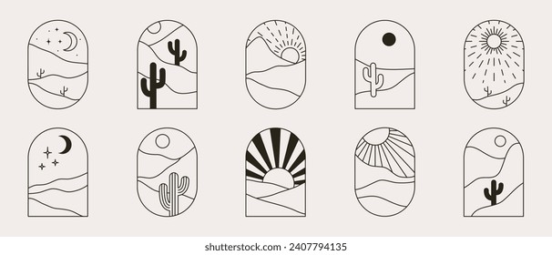 Bohemian linear logos desert with cactus, mountains, sandy, sun and moon. Vector abstract set