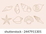 Bohemian linear logos, icons and symbols, sea, ocean, beach and surfing. Sun, seashell and palm design templates, geometric abstract design elements for decoration. Vector illustration