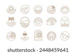 Bohemian linear logos, icons and symbols, sea, ocean, beach and surfing. Sun, seashell and palm design templates, geometric abstract design elements for decoration. Vector illustration