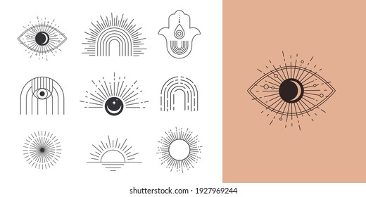 Böhmische lineare Logos, Symbole und Symbole, Sonnendesign-Vorlagen, abstrakte geometrische Design-Elemente für die Dekoration. 