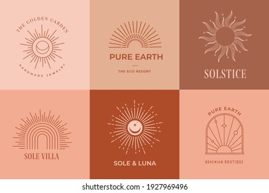 Bohemian linear logos, icons and symbols, sun design templates, terracotta geometric abstract design elements for decoration.  - Shutterstock ID 1927969496