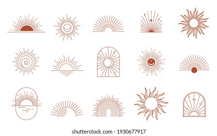 Богемные линейные логотипы, значки и символы, солнце, дуги, шаблоны дизайна окон, геометрические абстрактные элементы дизайна для украшения. 