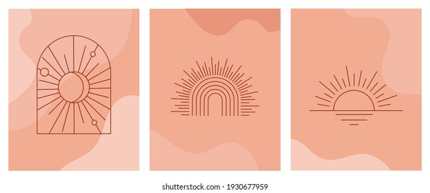 Bohemian linear logos, icons and symbols, sun design templates, terracotta geometric abstract design elements for decoration. 