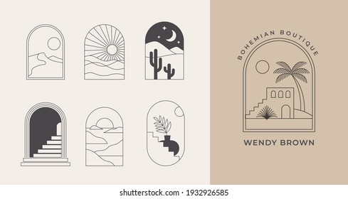 Bohemian linear logos, icons and symbols, landscape, arcs and windows design templates, geometric abstract design elements for decoration. 