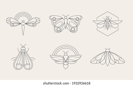 Bohemian linear logos, icons and symbols, insect, butterfly, dragonfly and moth design templates, geometric abstract design elements for decoration. 