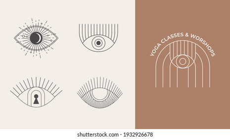 Bohemian linear logos, icons and symbols, eye and sun design templates, geometric abstract design elements for decoration. 