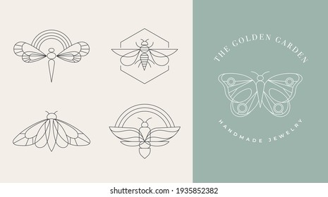 Bohemian linear logos, icons and symbols, insect, butterfly, dragonfly and moth design templates, geometric abstract design elements for decoration. 