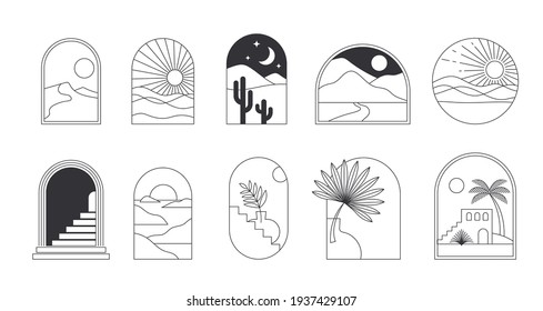 Bohemian linear logos, icons and symbols, landscape, arcs and windows design templates, geometric abstract design elements for decoration. 