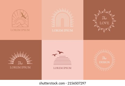 Bohemian linear logos, icons, symbols, sun design templates, terracotta geometric abstract design elements for decoration.