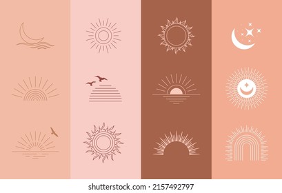 Bohemian linear logos, icons and symbols, sun, arc, moon, wave design templates, geometric abstract design elements for decoration.