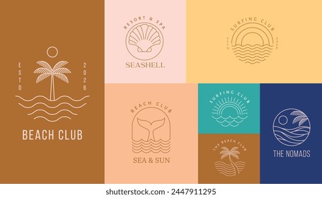 Logos lineales bohemios, iconos y símbolos, mar, océano, playa y surf. Plantillas de diseño de sol, concha y palma, Elementos de diseño abstractos geométricos para la decoración. Ilustración vectorial