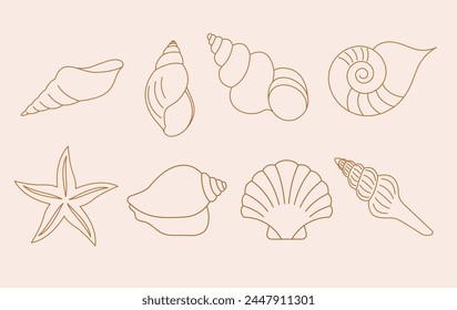 Bohemian linear logos, icons and symbols, sea, ocean, beach and surfing. Sun, seashell and palm design templates, geometric abstract design elements for decoration. Vector illustration