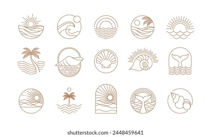 Logos lineales bohemios, iconos y símbolos, mar, océano, playa y surf. Plantillas de diseño de sol, concha y palma, Elementos de diseño abstractos geométricos para la decoración. Ilustración vectorial