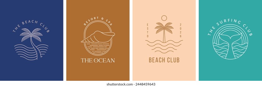 Bohemian linear logos, icons and symbols, sea, ocean, beach and surfing. Sun, seashell and palm design templates, geometric abstract design elements for decoration. Vector illustration