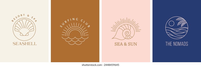 Bohemian linear logos, icons and symbols, sea, ocean, beach and surfing. Sun, seashell and palm design templates, geometric abstract design elements for decoration. Vector illustration