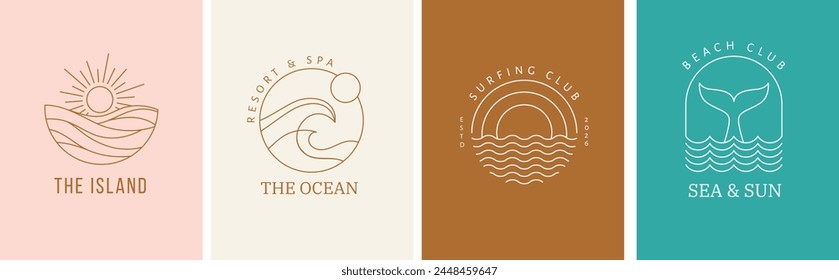 Logos lineales bohemios, iconos y símbolos, mar, océano, playa y surf. Plantillas de diseño de sol, concha y palma, Elementos de diseño abstractos geométricos para la decoración. Ilustración vectorial