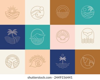 Bohemian linear logos, icons and symbols, sea, ocean, beach and surfing. Sun, seashell and palm design templates, geometric abstract design elements for decoration. Vector illustration