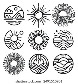 Bohemian linear logos, icons and symbols, sun, arc, window design templates, geometric abstract design elements for decoration