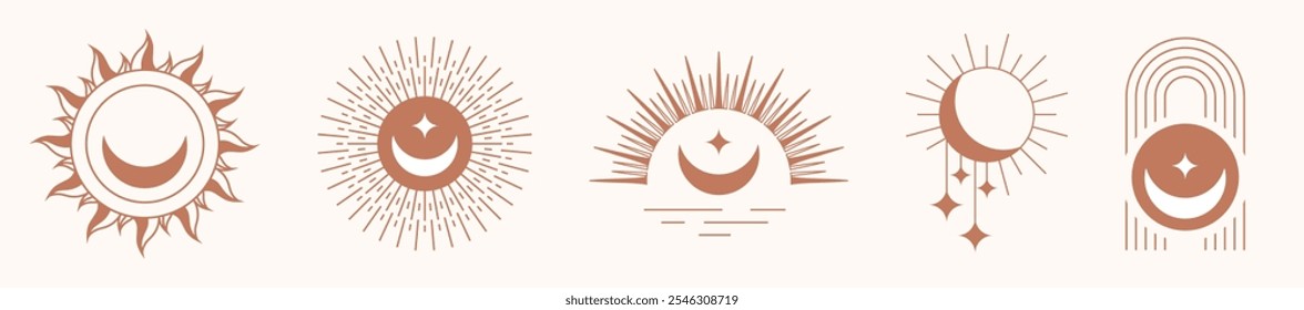 Bohemian linear logos, icons and symbols, sun, arc, moon, wave design templates, geometric abstract design elements for decoration.