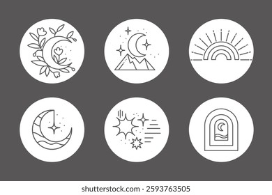 Bohemian linear logos, icons and symbols with sun, moon, flowers, heart design templates, geometric abstract design elements for decoration.