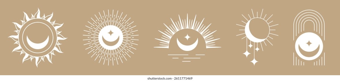 Bohemian linear logos, icons and symbols, sun, arc, moon, wave design templates, geometric abstract design elements for decoration.